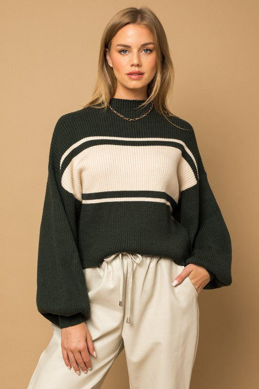 Contrast Stripe Mock Neck Sweater