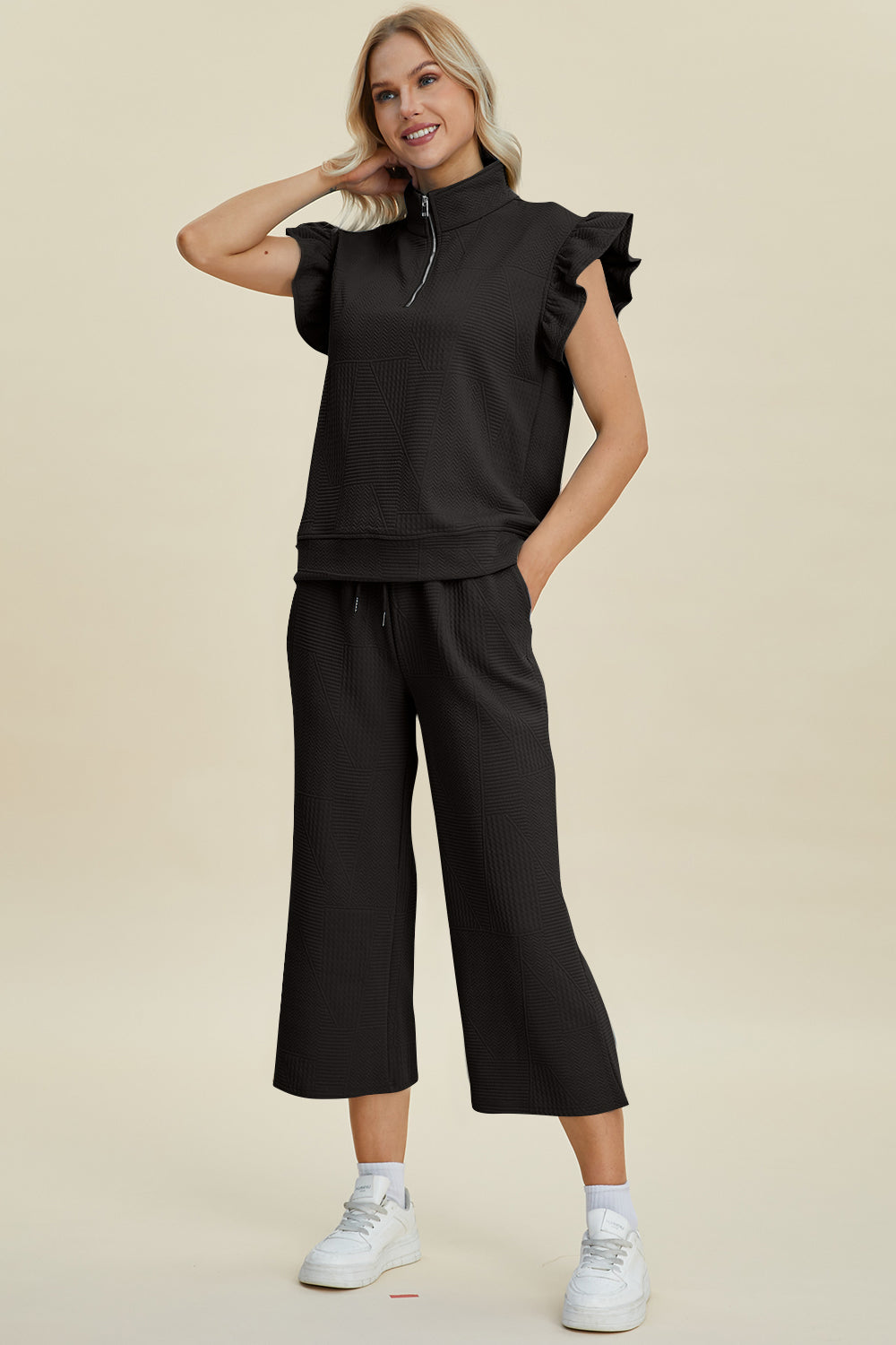 Textured Ruffle Short Sleeve Top and Wide Leg Pants Set