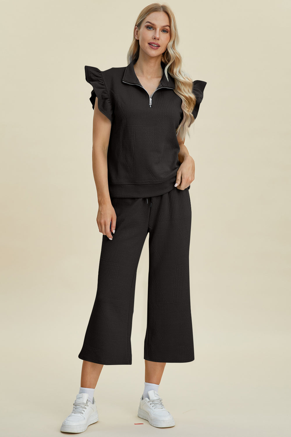 Textured Ruffle Short Sleeve Top and Wide Leg Pants Set