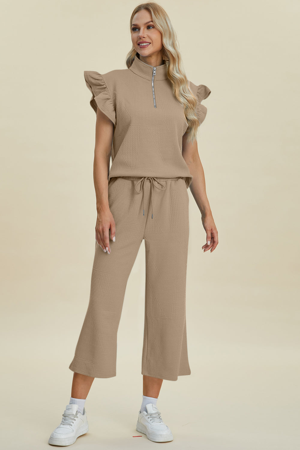 Textured Ruffle Short Sleeve Top and Wide Leg Pants Set