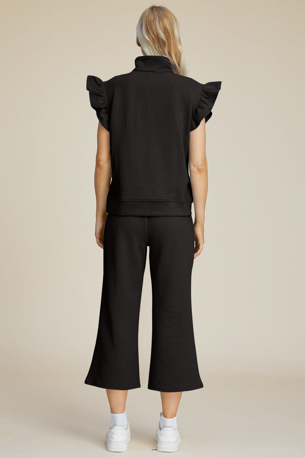 Textured Ruffle Short Sleeve Top and Wide Leg Pants Set