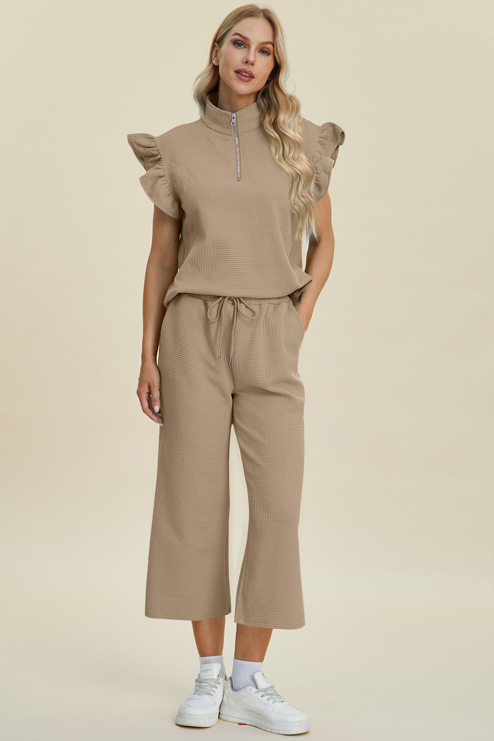 Textured Ruffle Short Sleeve Top and Wide Leg Pants Set