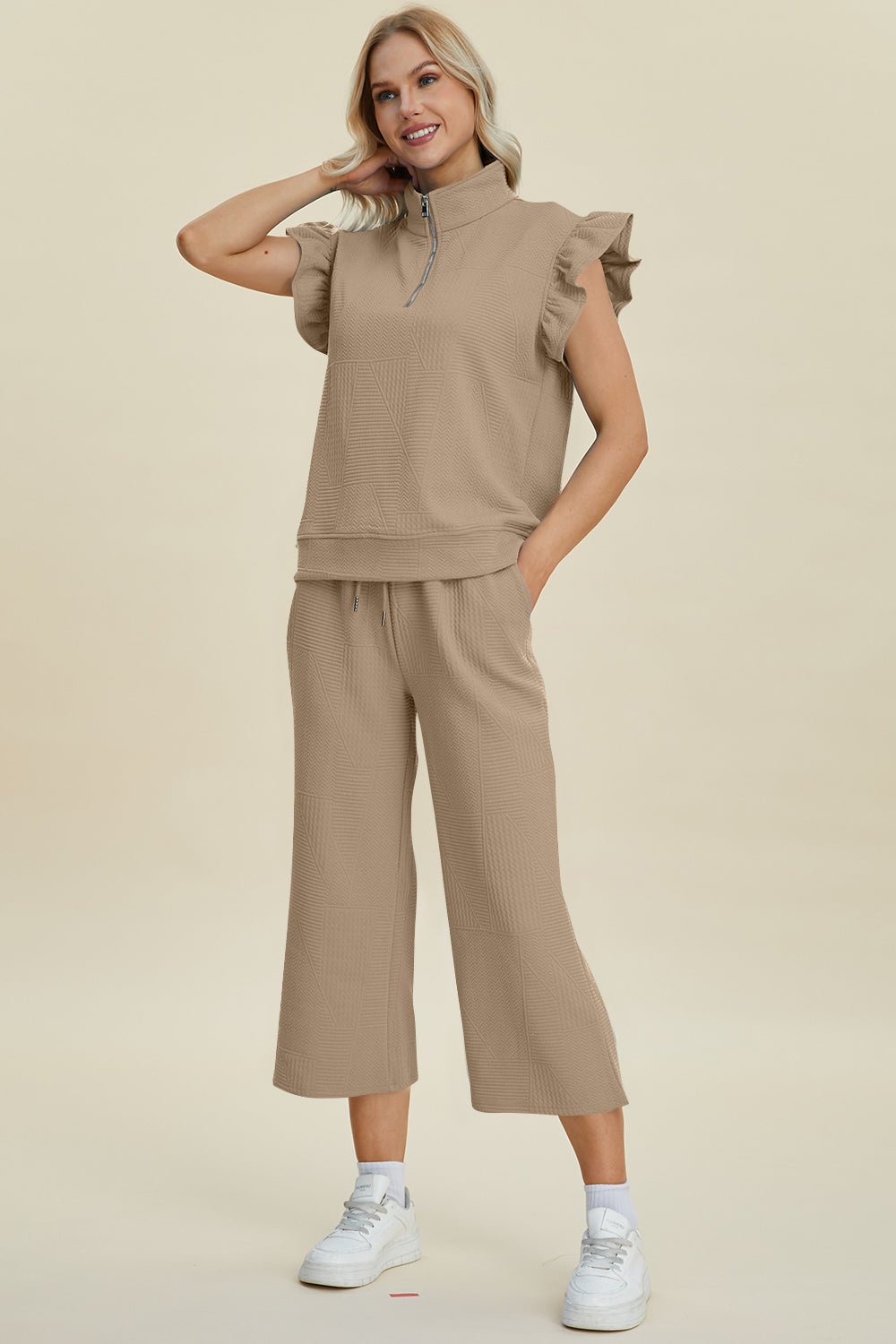 Textured Ruffle Short Sleeve Top and Wide Leg Pants Set