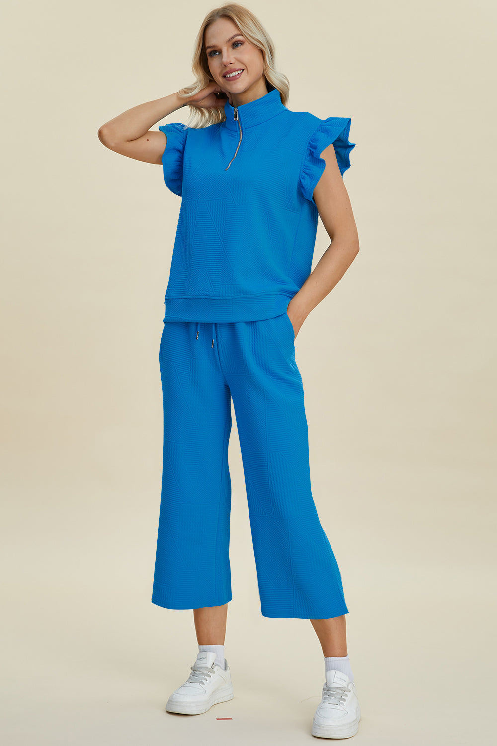 Textured Ruffle Short Sleeve Top and Wide Leg Pants Set