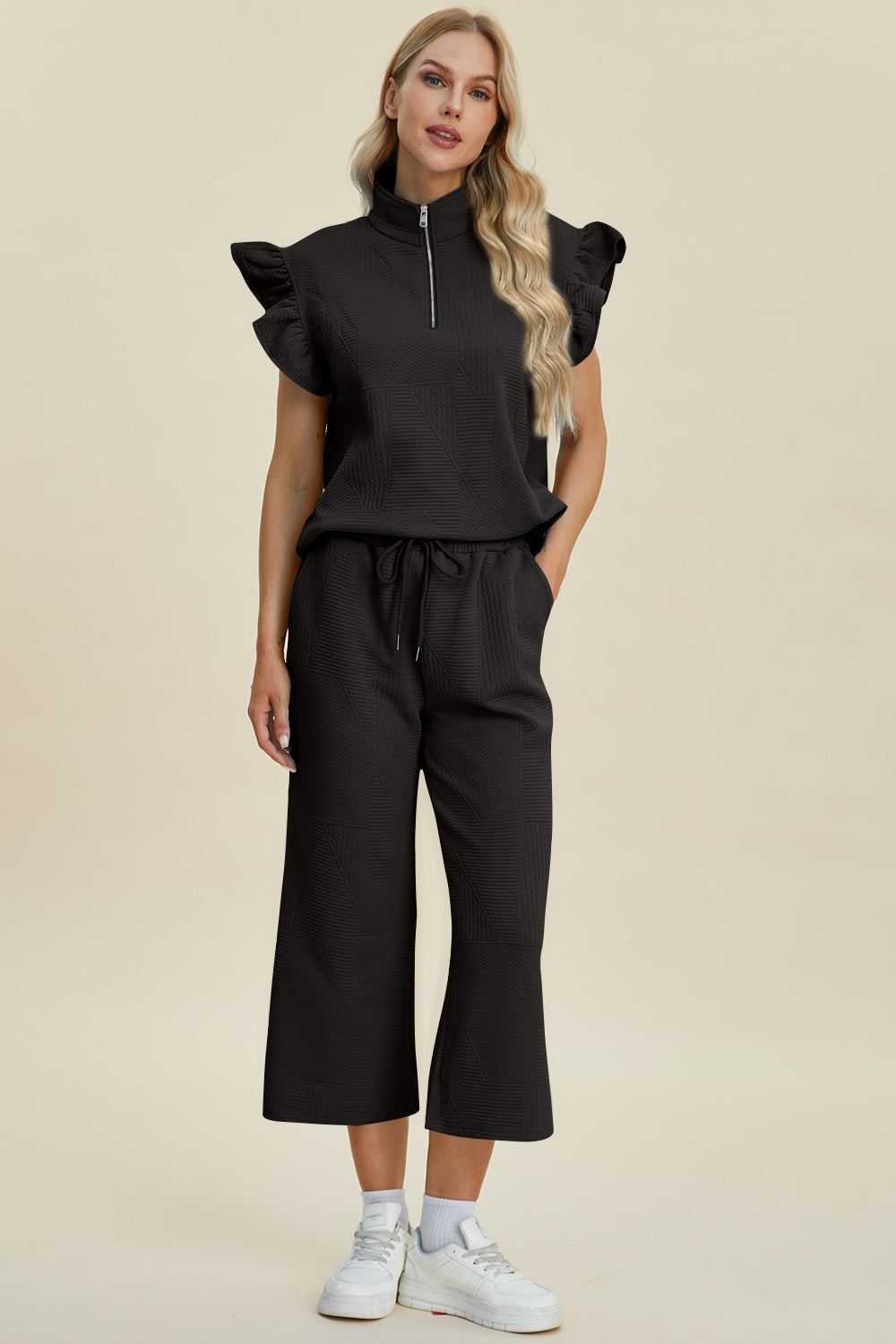 Textured Ruffle Short Sleeve Top and Wide Leg Pants Set