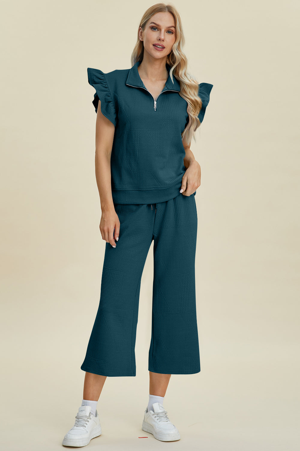 Textured Ruffle Short Sleeve Top and Wide Leg Pants Set