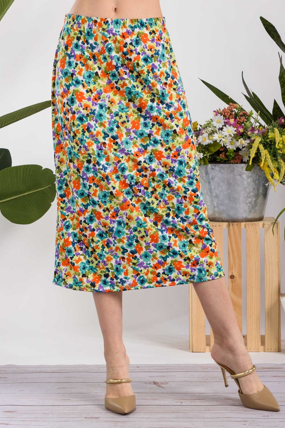 Celeste Full Size Floral A-Line Midi Skirt