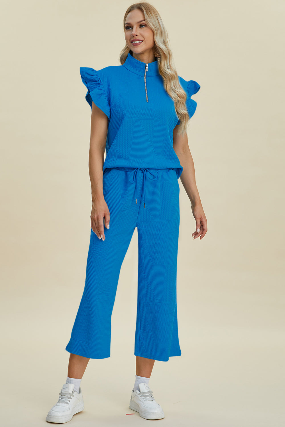 Textured Ruffle Short Sleeve Top and Wide Leg Pants Set