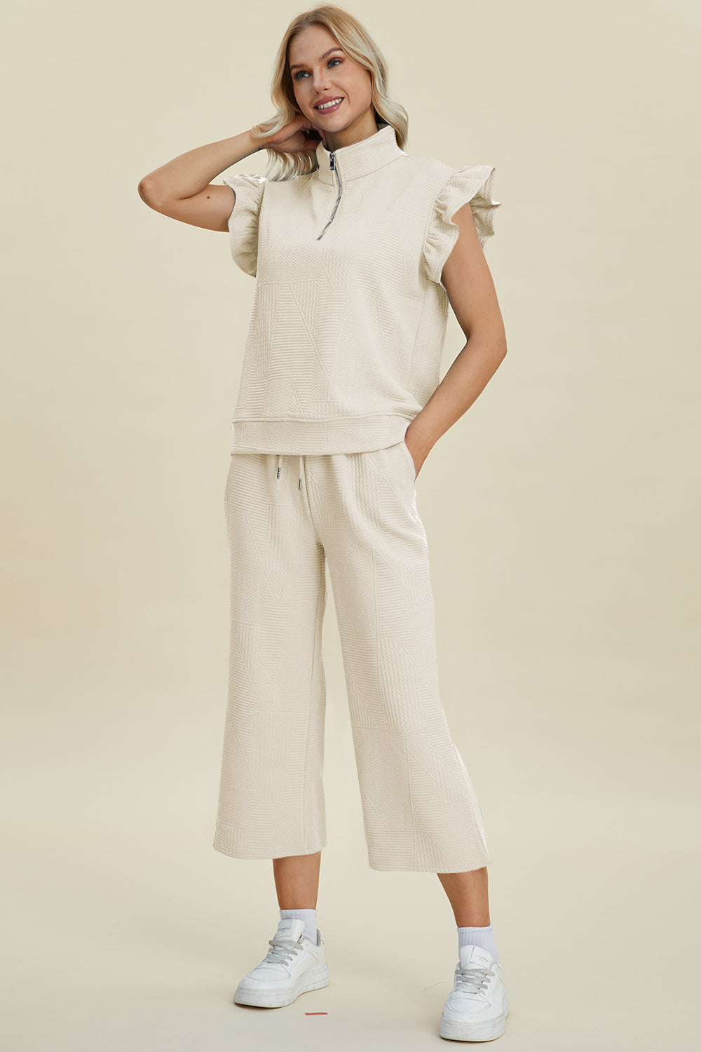 Textured Ruffle Short Sleeve Top and Wide Leg Pants Set