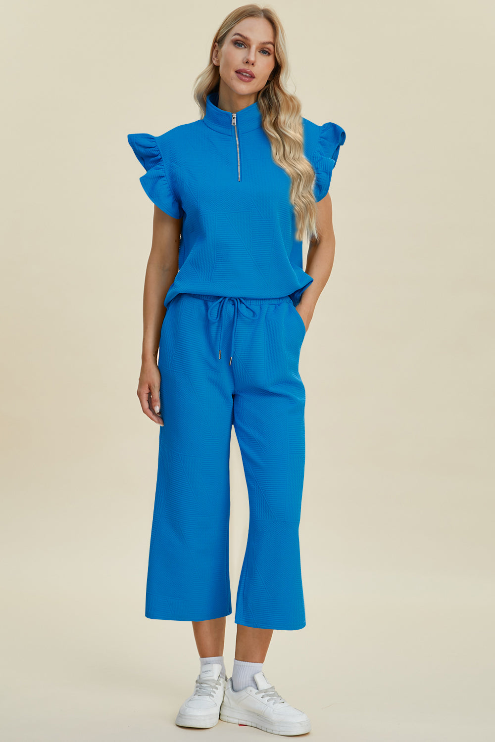 Textured Ruffle Short Sleeve Top and Wide Leg Pants Set