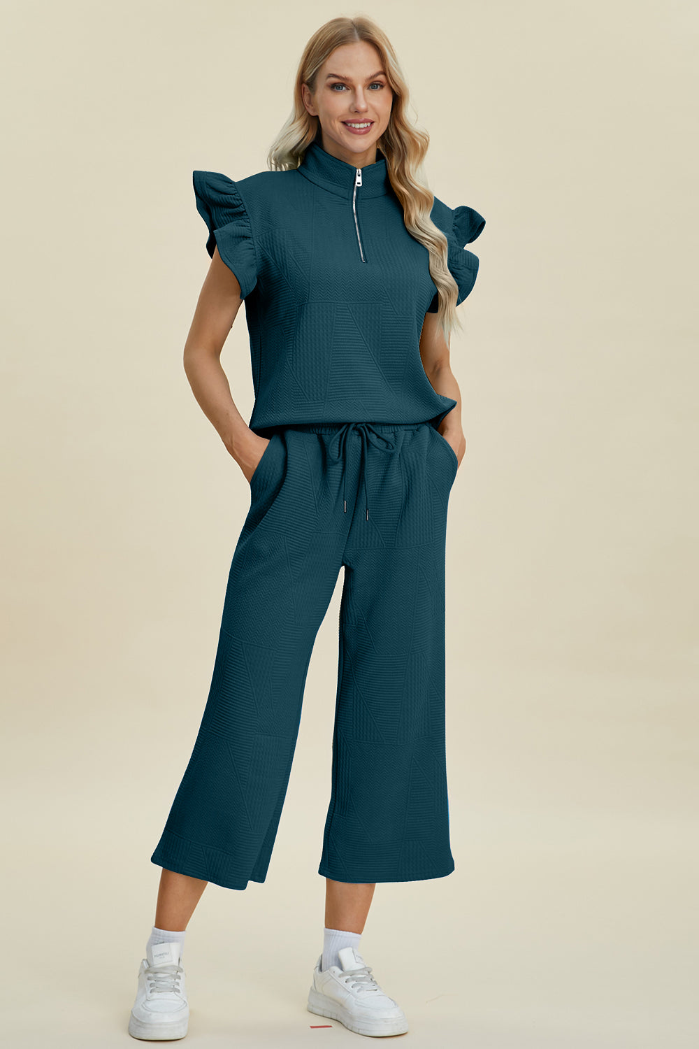 Textured Ruffle Short Sleeve Top and Wide Leg Pants Set