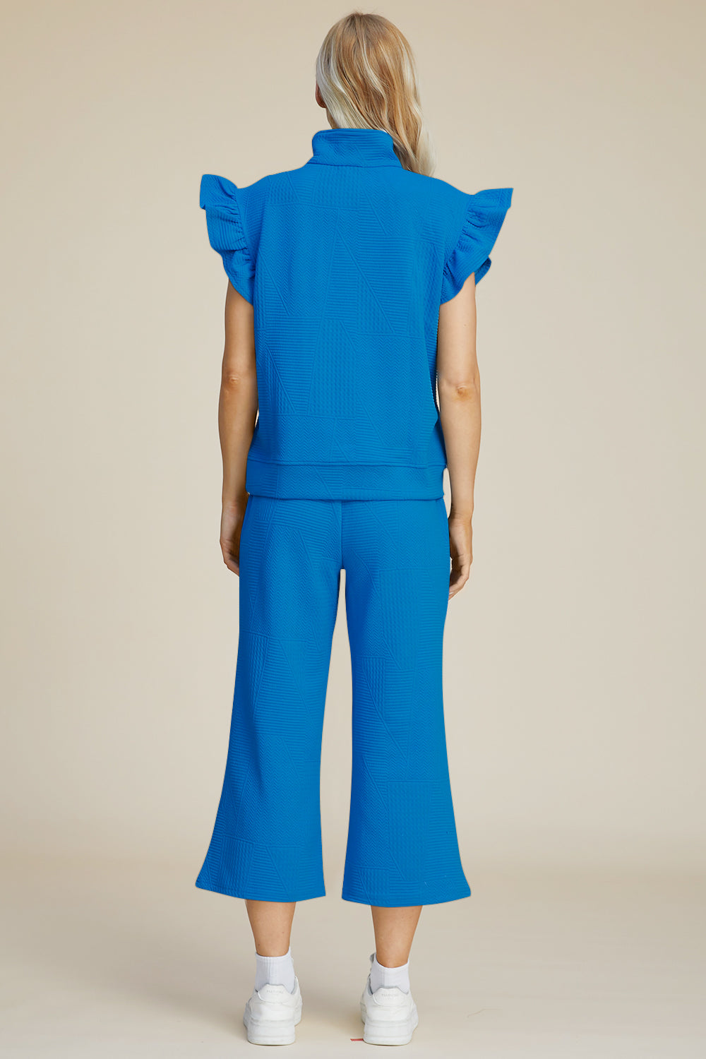 Textured Ruffle Short Sleeve Top and Wide Leg Pants Set