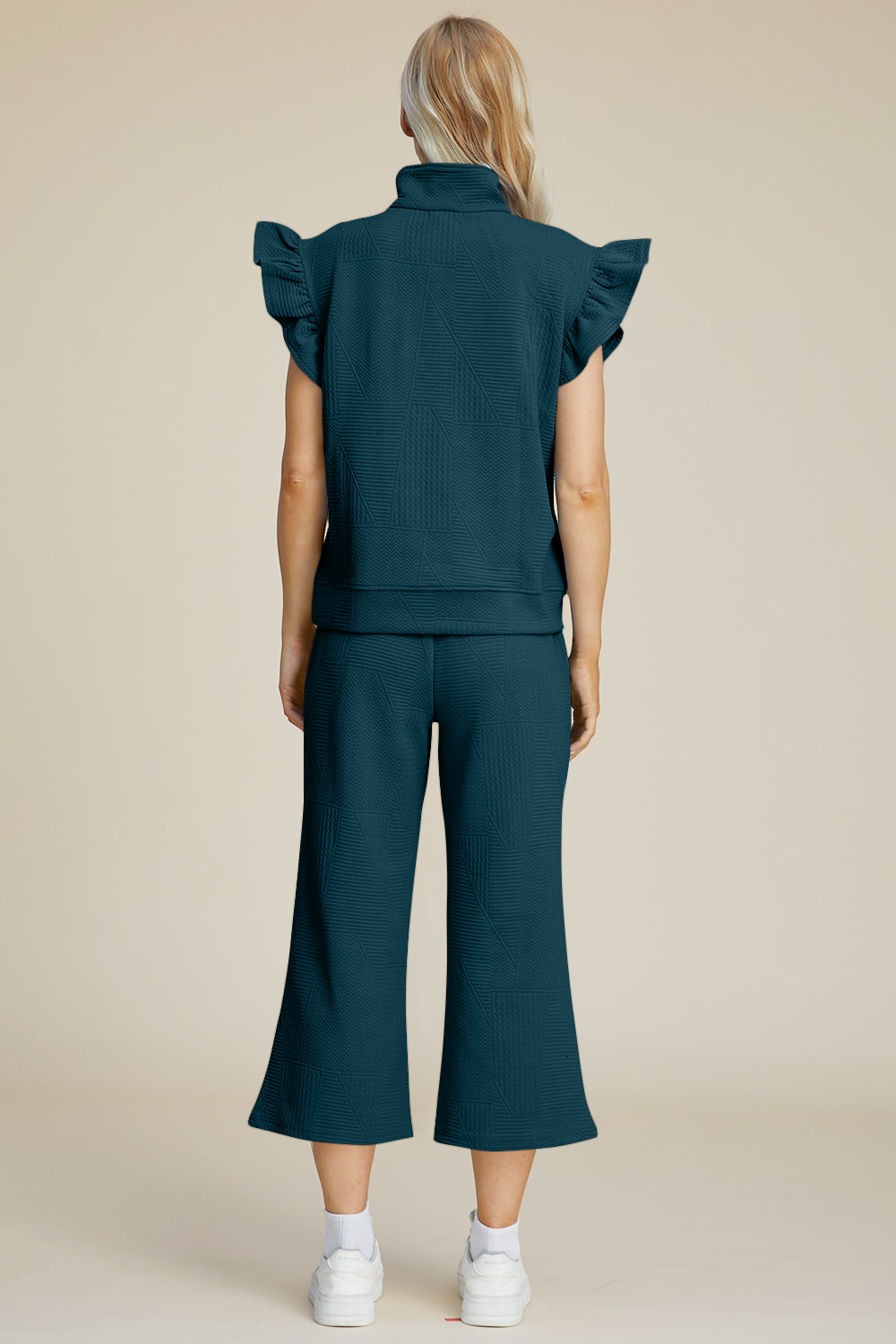 Textured Ruffle Short Sleeve Top and Wide Leg Pants Set