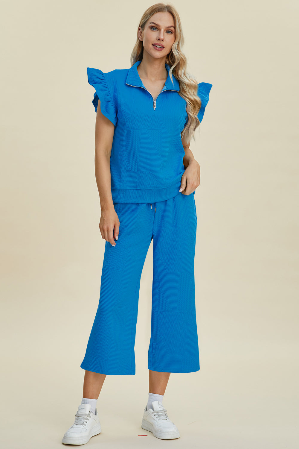 Textured Ruffle Short Sleeve Top and Wide Leg Pants Set