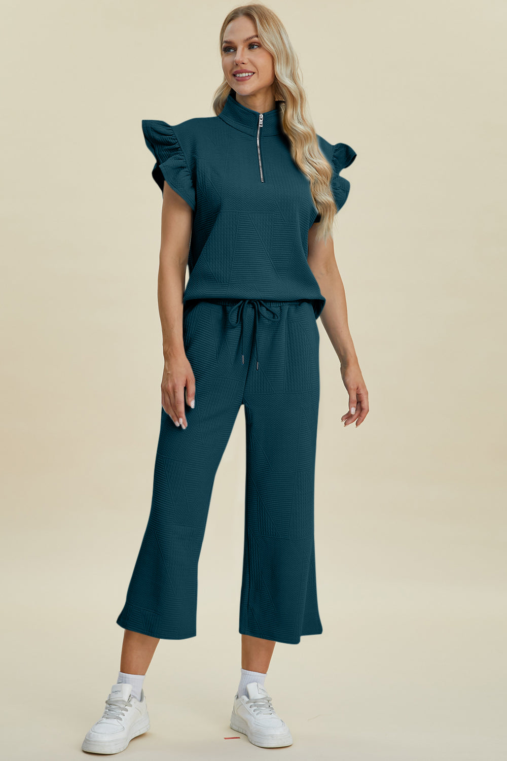 Textured Ruffle Short Sleeve Top and Wide Leg Pants Set