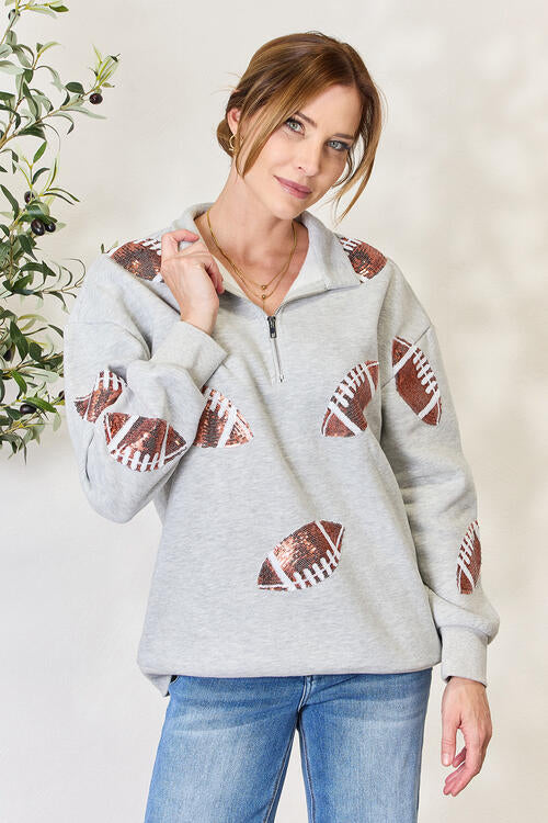 Sequin Football Half Zip Long Sleeve Sweatshirt